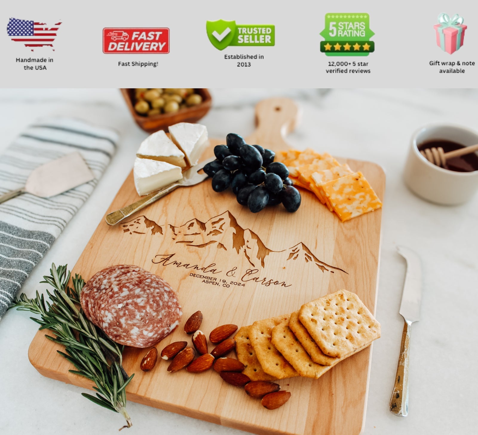 Personalized Custom Cutting Board With Handle, Engraved Charcuterie Board Perfect for Wedding Gift | Mountains