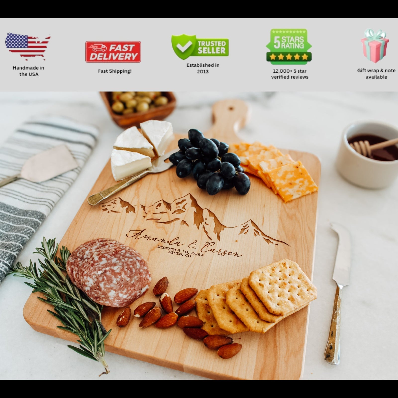 Personalized Custom Cutting Board With Handle, Engraved Charcuterie Board Perfect for Wedding Gift | Mountains