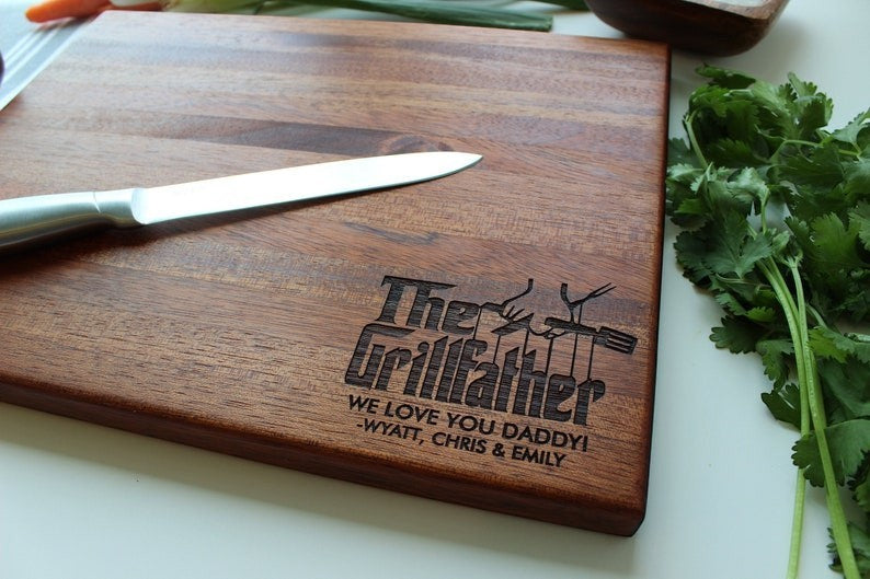 Sugar Tree Gallery mahogany cutting board with "The Grillfather" design and custom engraving, perfect for Father's Day.