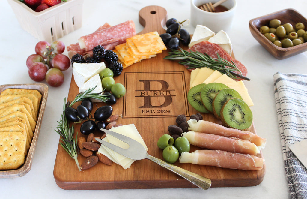 Custom Engraved Walnut Monogrammed Charcuterie serving board for 2024 cheese and crackers - cheese and wine party board - personalized tray