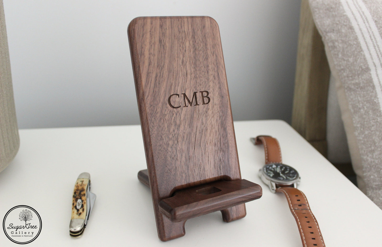 Custom engraved phone stand and charging station. Monogrammed Gift