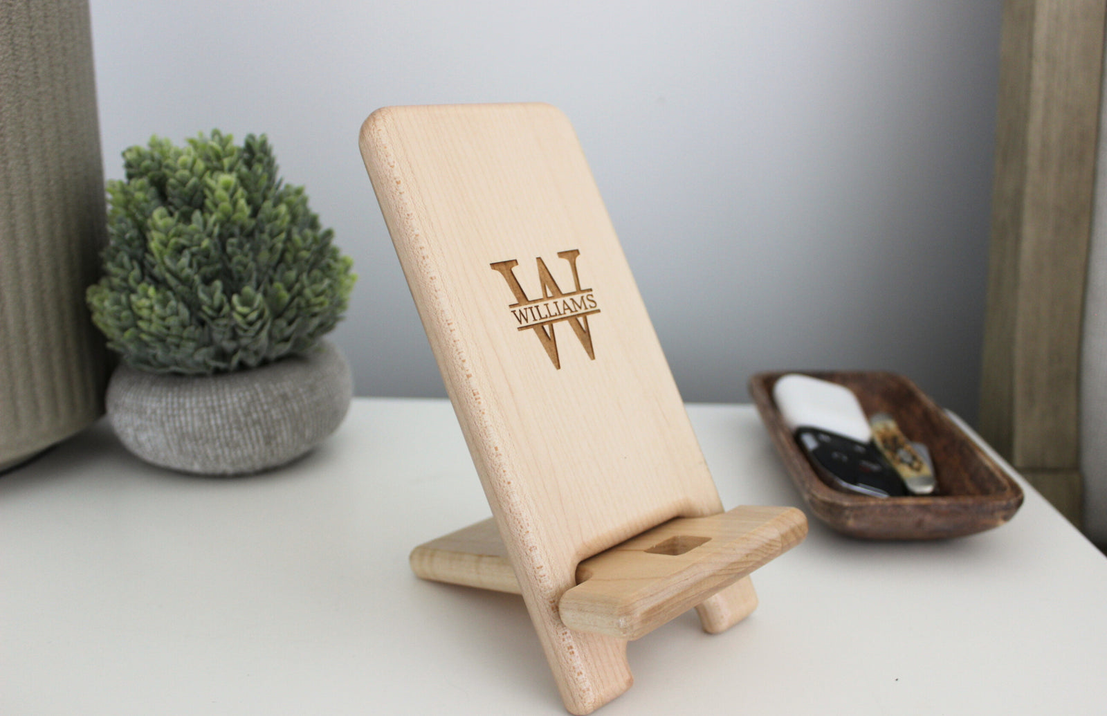 Personalized phone stand and charging station. Custom engraved to order with monogram