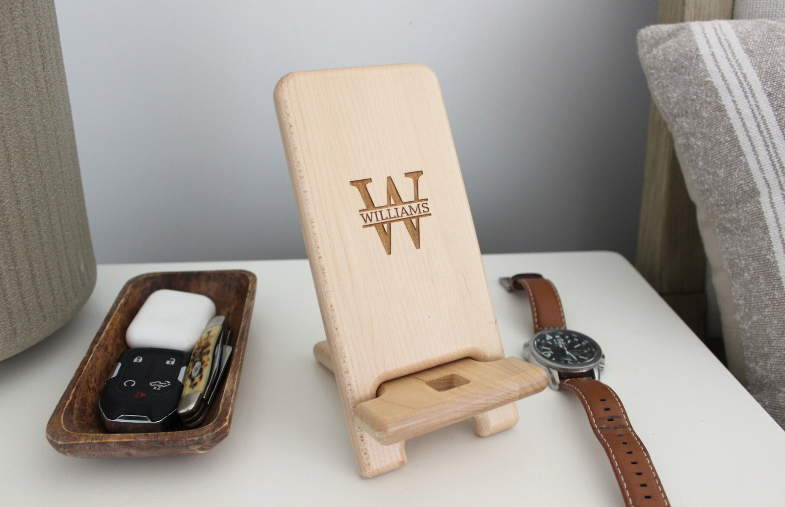 Personalized phone stand and charging station. Custom engraved to order with monogram