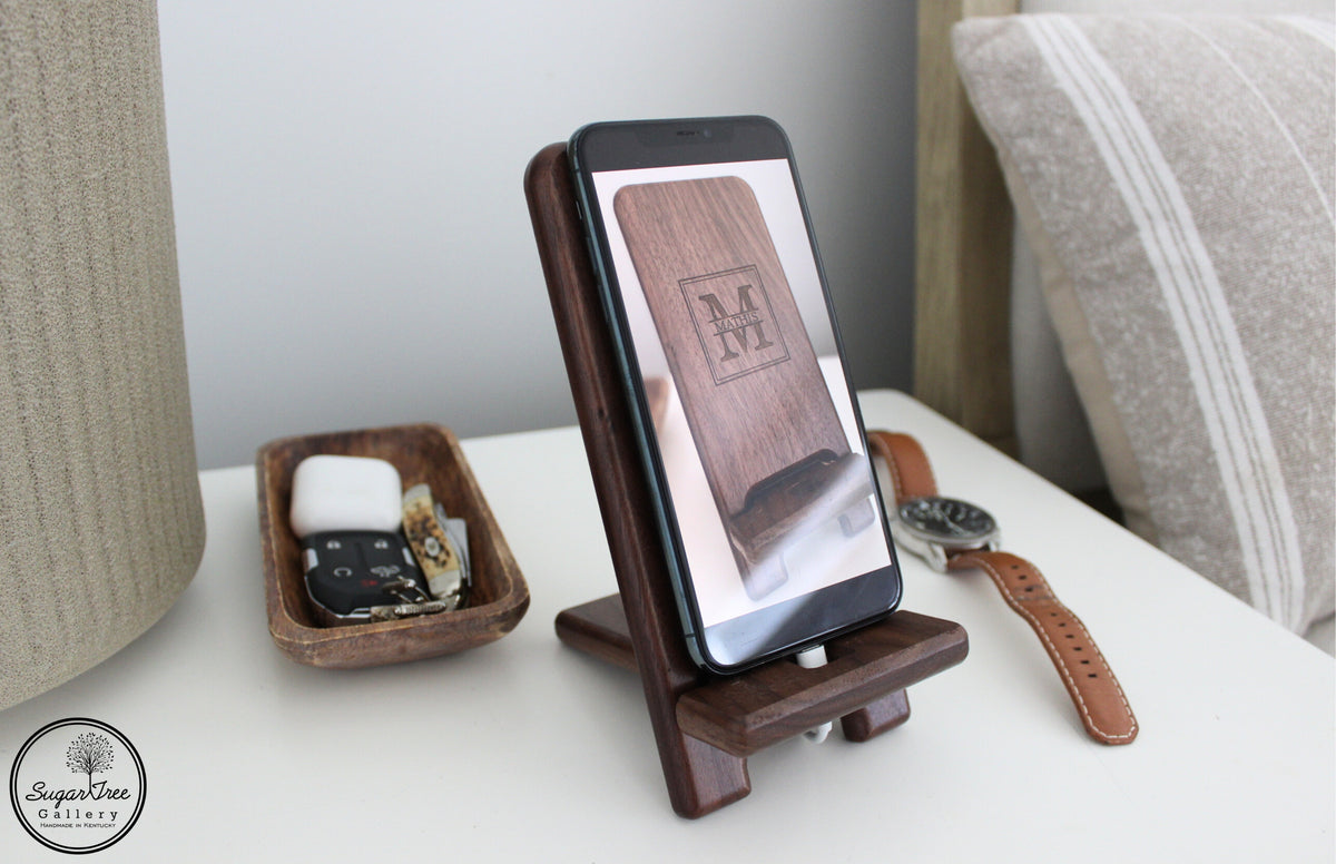 Personalized phone holder and charging station.