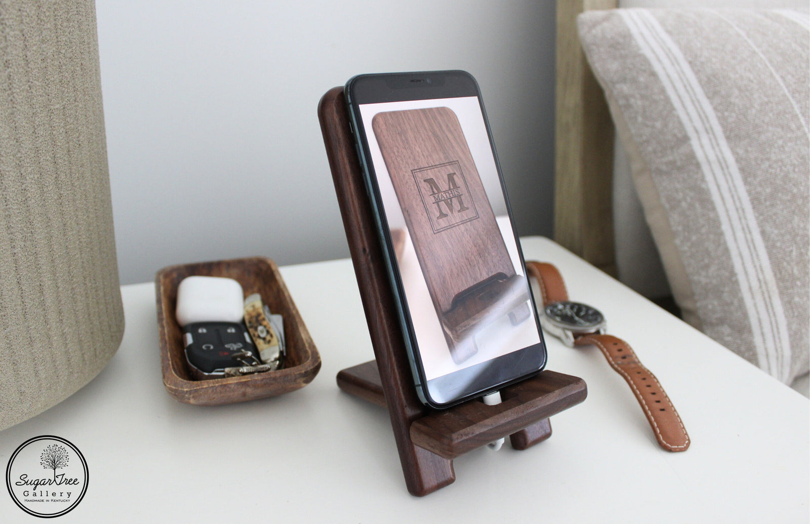 Personalized phone stand and charging station. Custom engraved to order with monogram