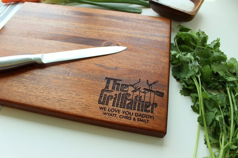 Sugar Tree Gallery mahogany wood cutting board engraved with "The Grillfather" design and custom text. Perfect gift for Father's Day.