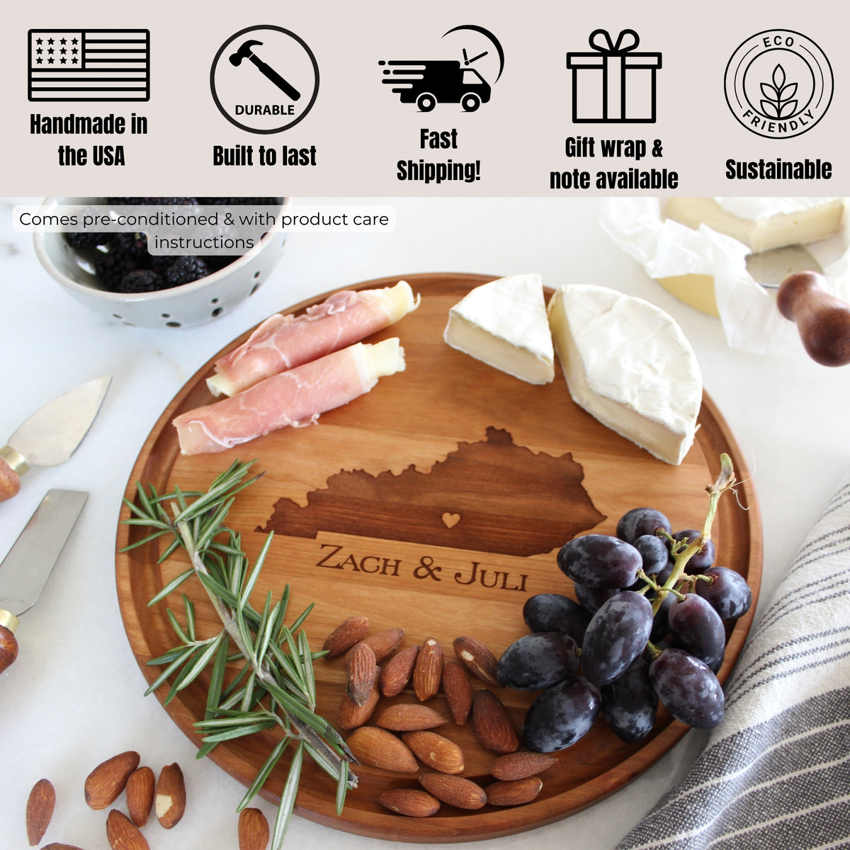 Personalized Engraved Round Cheese Cutting Board | State Love Design