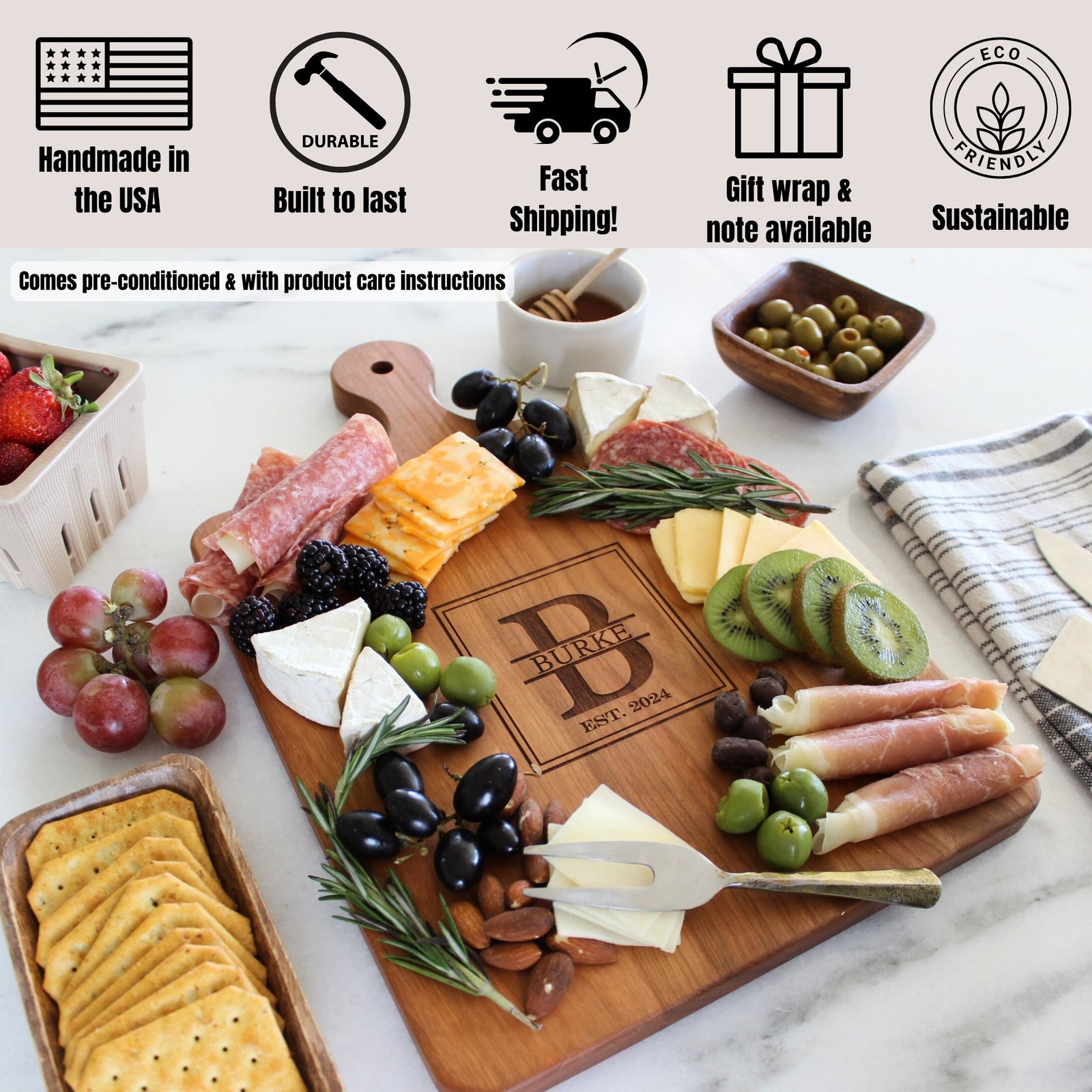 Personalized Cheese Board With Handle, Custom Housewarming Charcuterie Board Perfect for Wedding Gift | Square Monogram Design