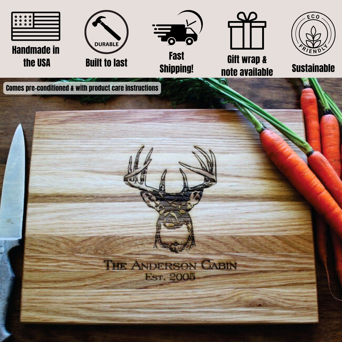 Personalized Cutting Board | White Tail Deer Design
