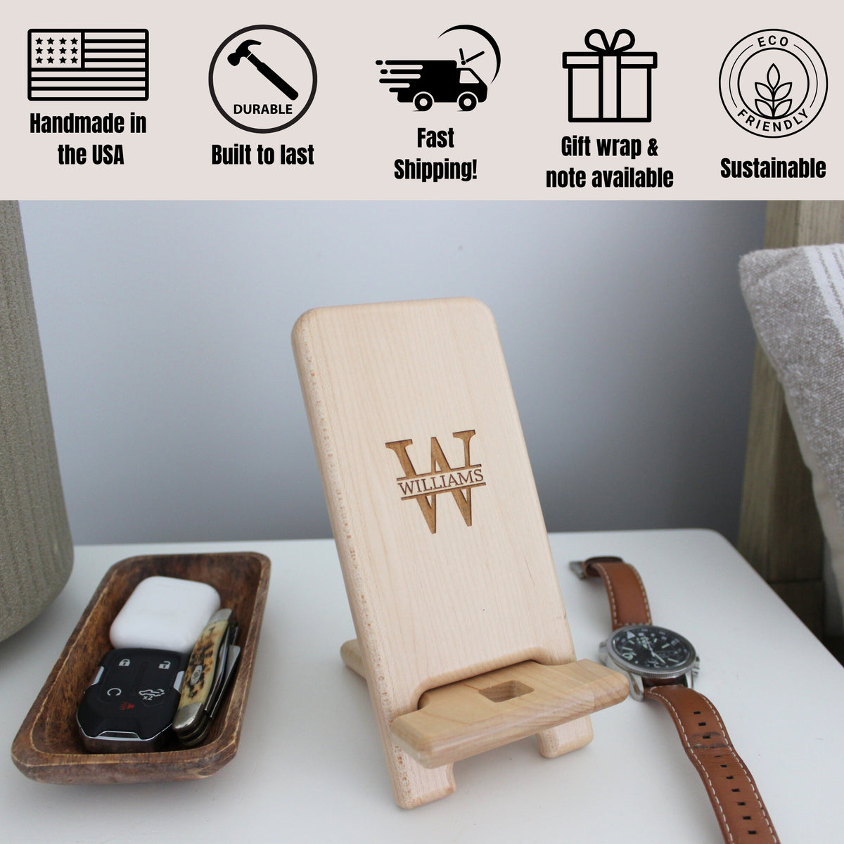 Personalized phone stand and charging station. Custom engraved to order with monogram