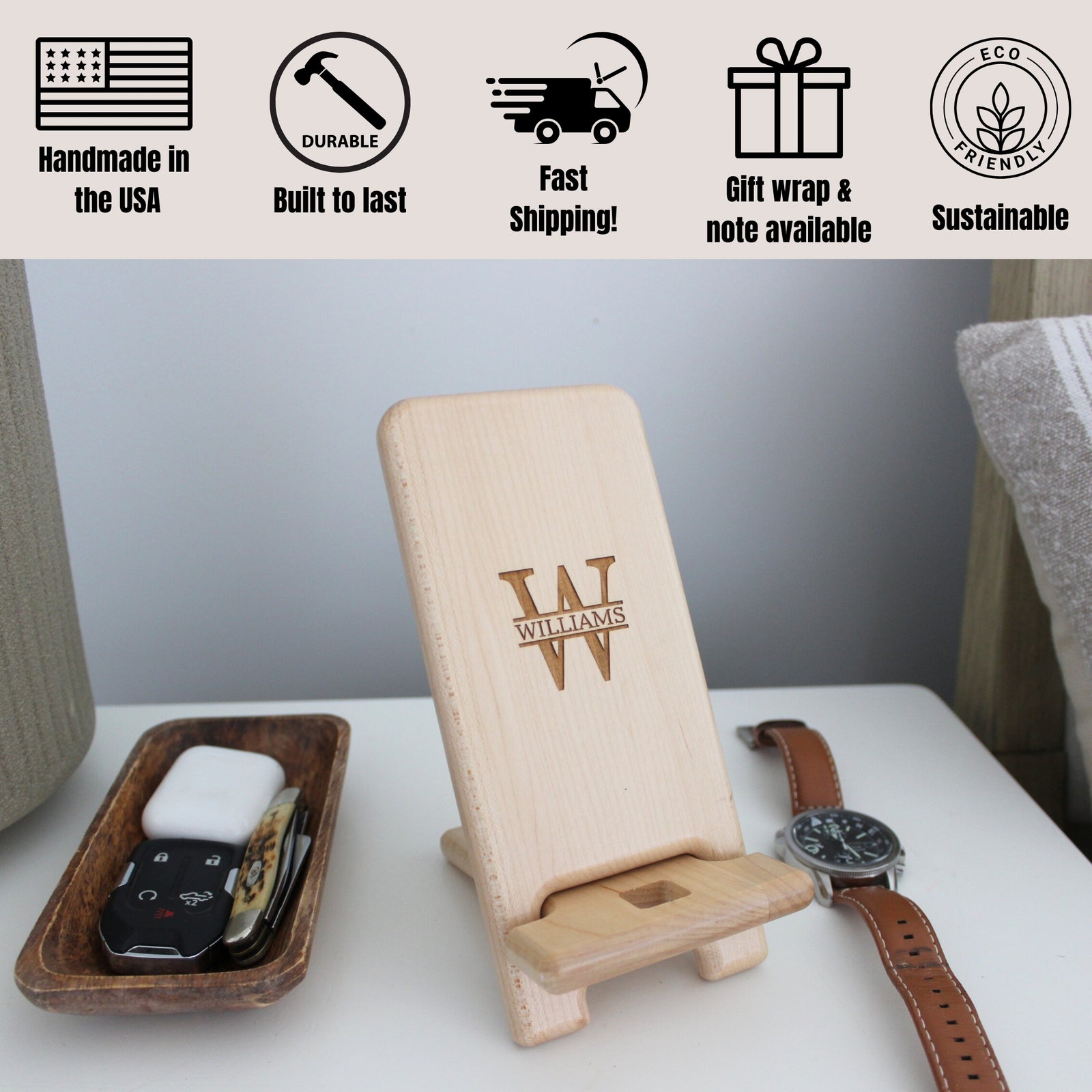 Personalized phone stand and charging station. Custom engraved to order with monogram