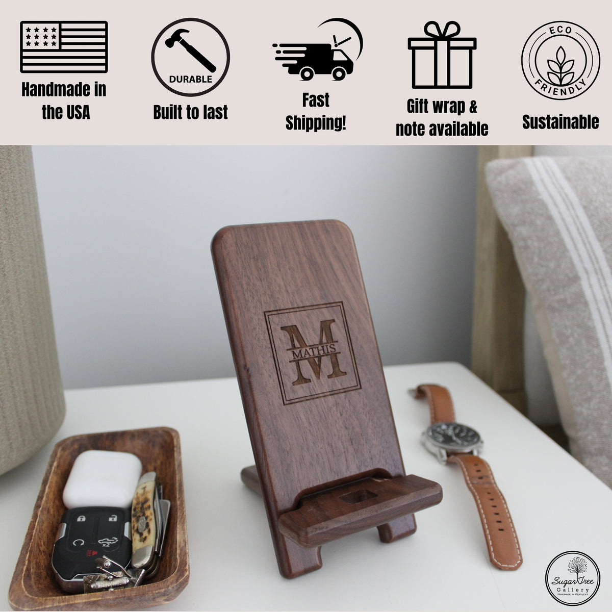 Personalized phone holder and charging station.