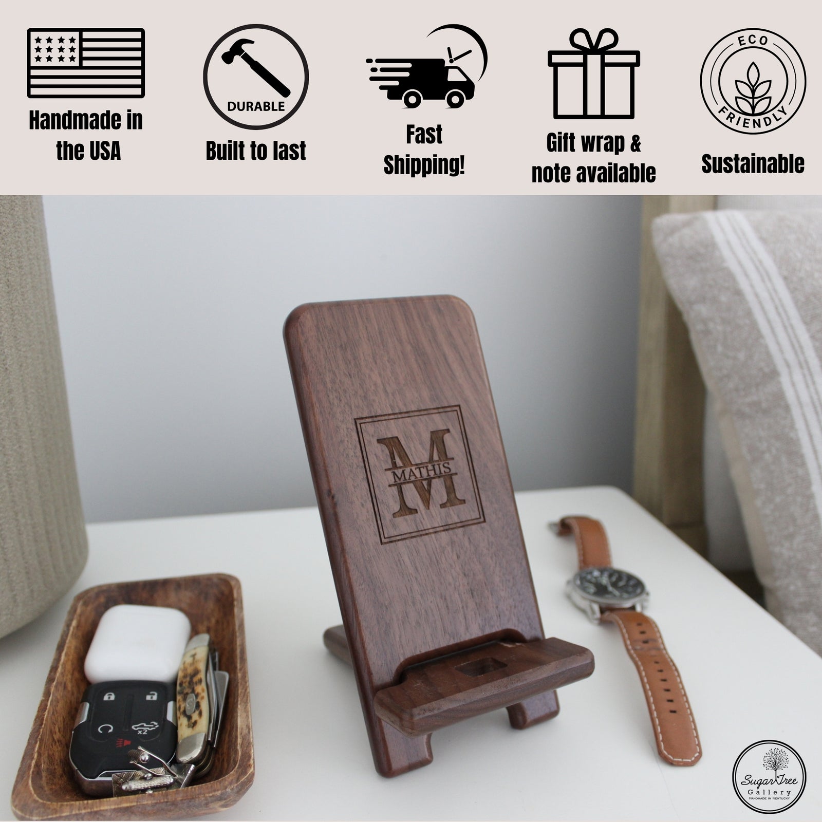Personalized phone holder and charging station.