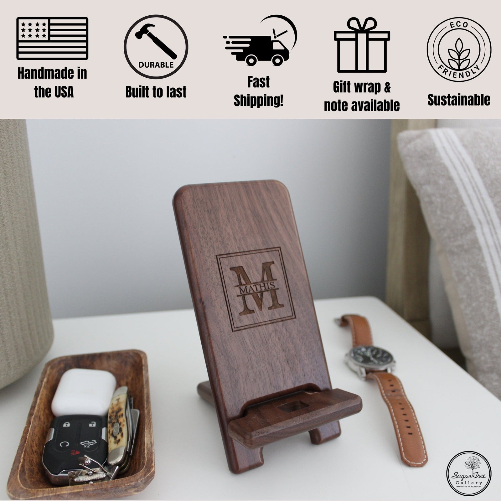 Personalized phone holder and charging station. Custom engraved to order