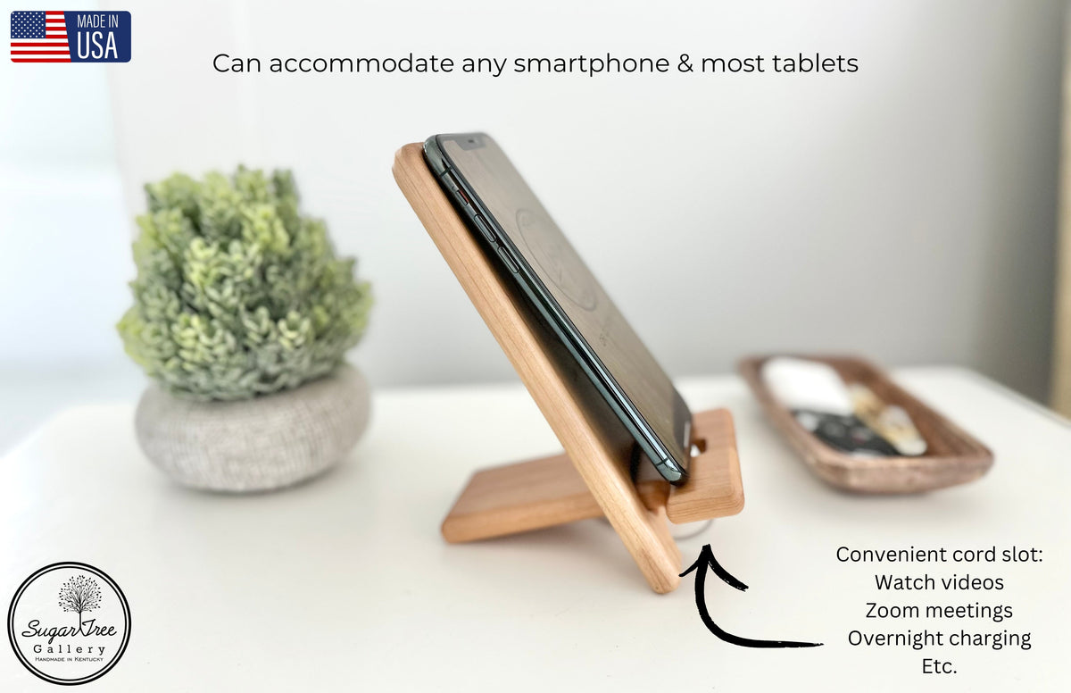 Personalized phone holder and charging station. Custom engraved to order with custom logo.