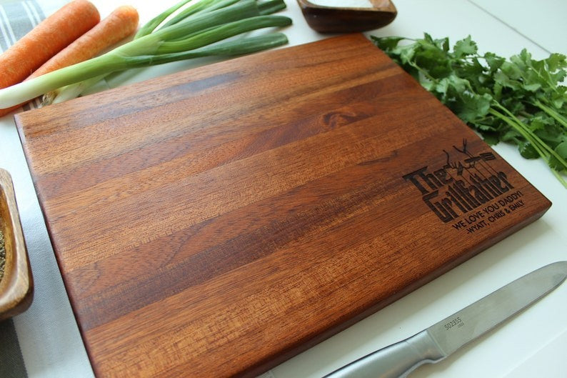 Sugar Tree Gallery mahogany wood cutting board with "The Grillfather" custom engraving, perfect for Father's Day gifts.